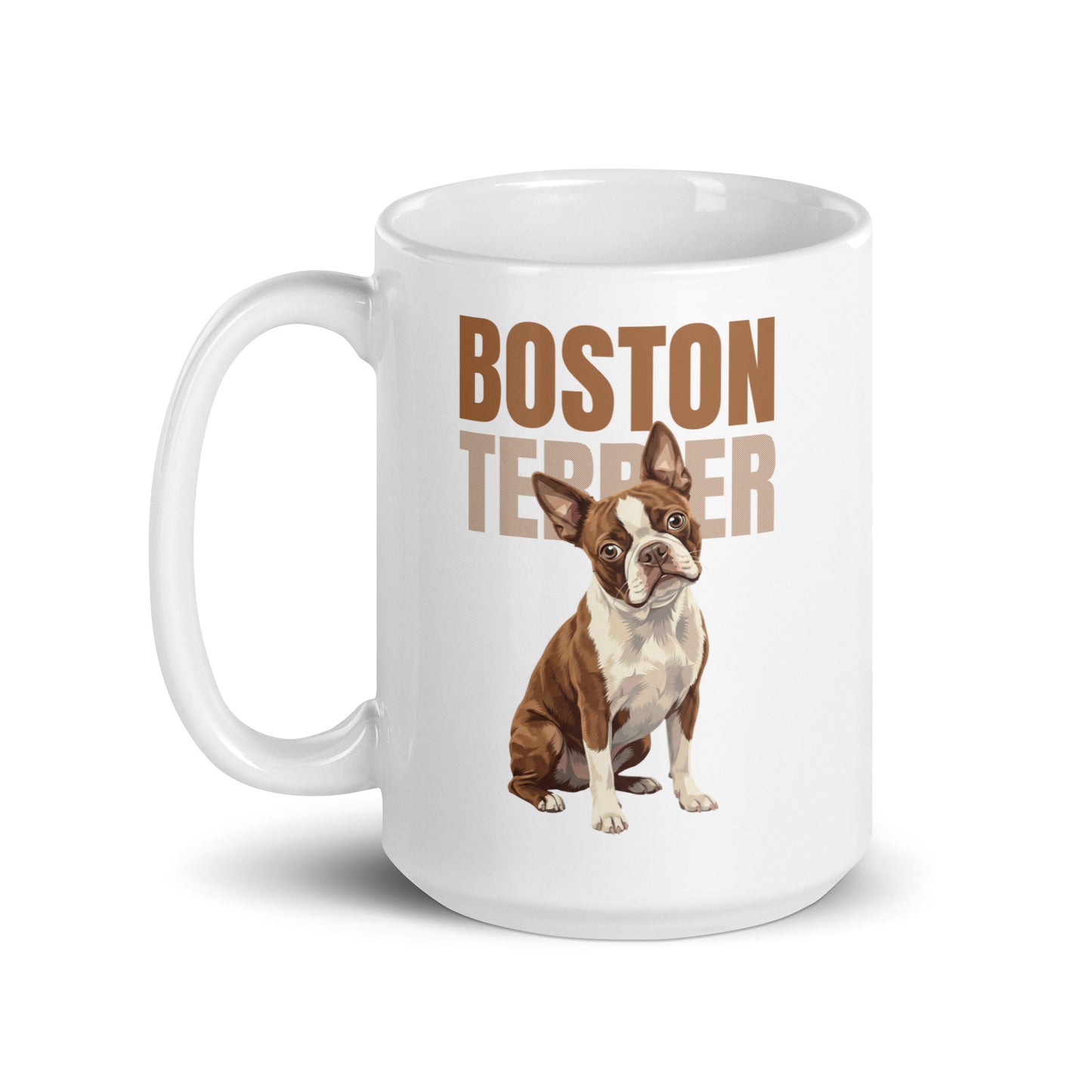 Brown Boston Terrier Dog White Glossy Mug .