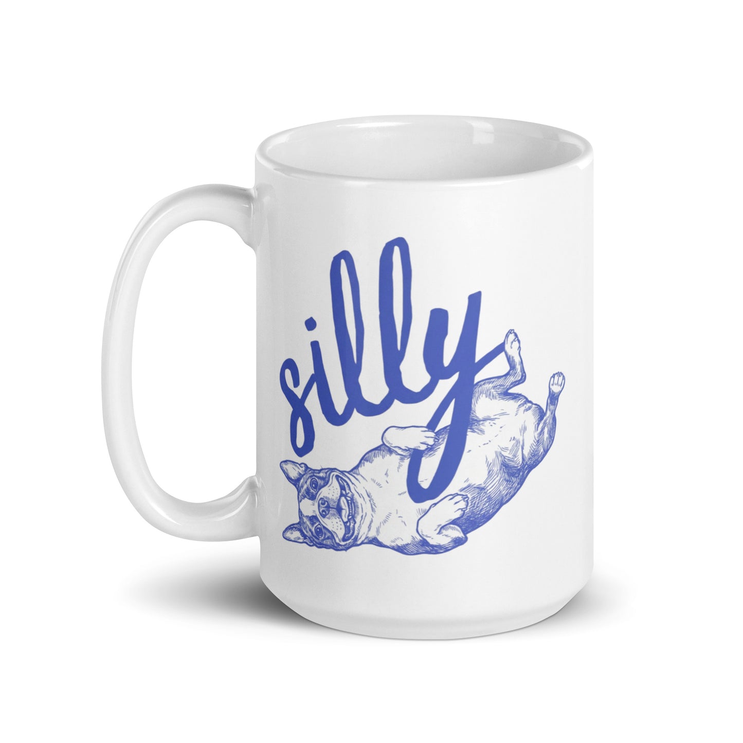 Silly Boston Terrier Dog Upside Down White Glossy Mug .