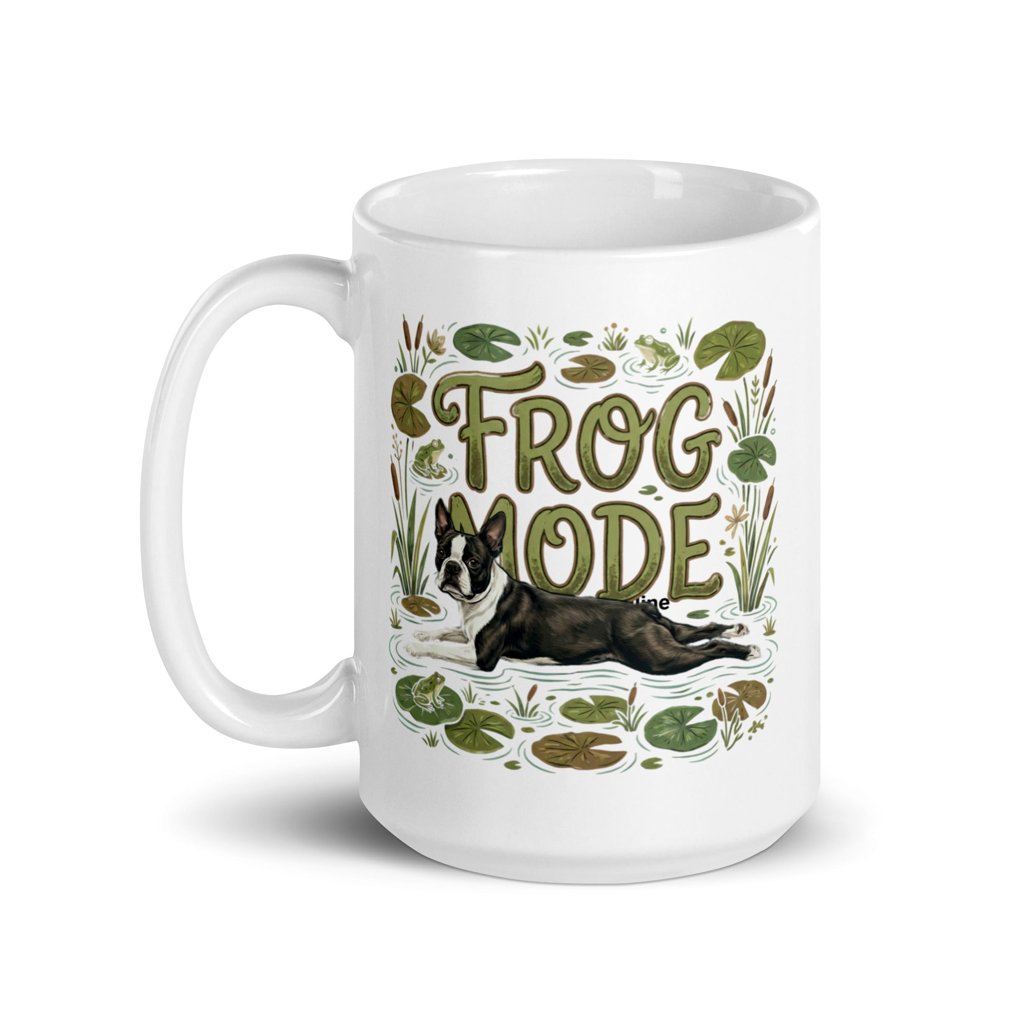 Frog Mode Boston Terrier Dog White Glossy Mug .