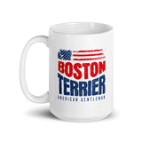 Boston Terrier American Flag White Glossy Mug – 4th of July Patriotic Dog Mug | USA 250th Birthday Mug .