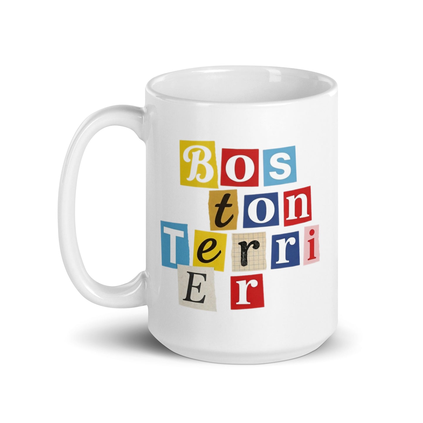 1970s British Punk Ransom Note Boston Terrier White Mug – Vintage Dada Collage Dog Lover Mug .