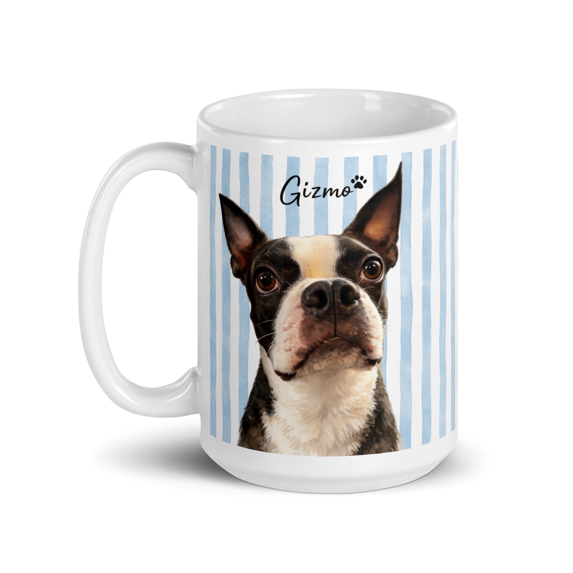 Custom Striped Dog Portrait White Glossy Mug - Watercolor Art Using Photo(s) And Name(s) .