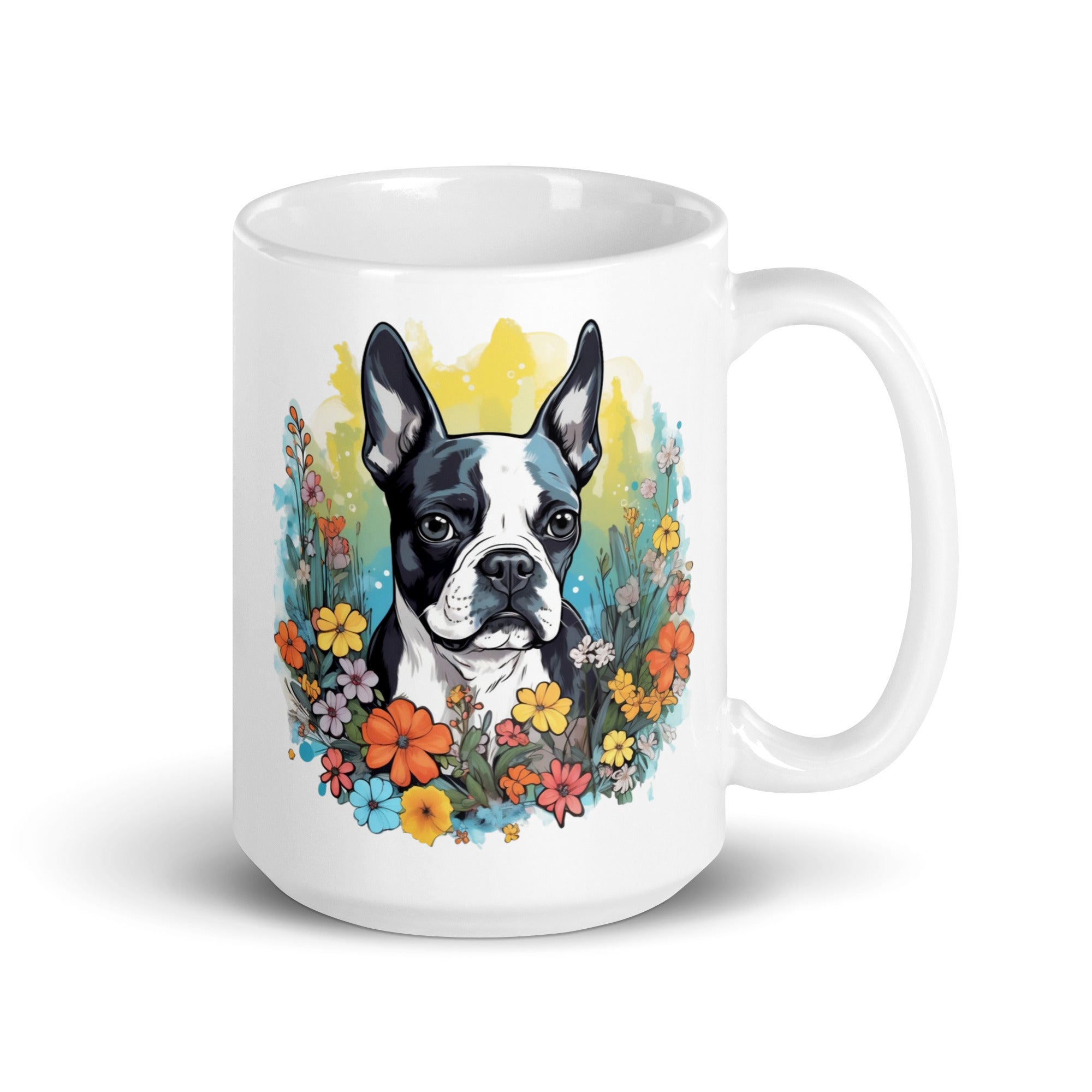Boston Terrier Surrounded By Flowers White Glossy Mug