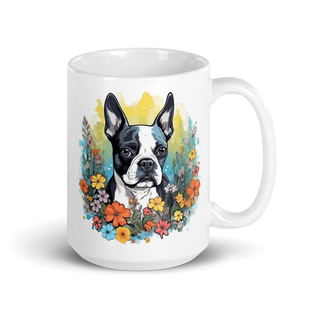 Boston Terrier Surrounded By Flowers White Glossy Mug