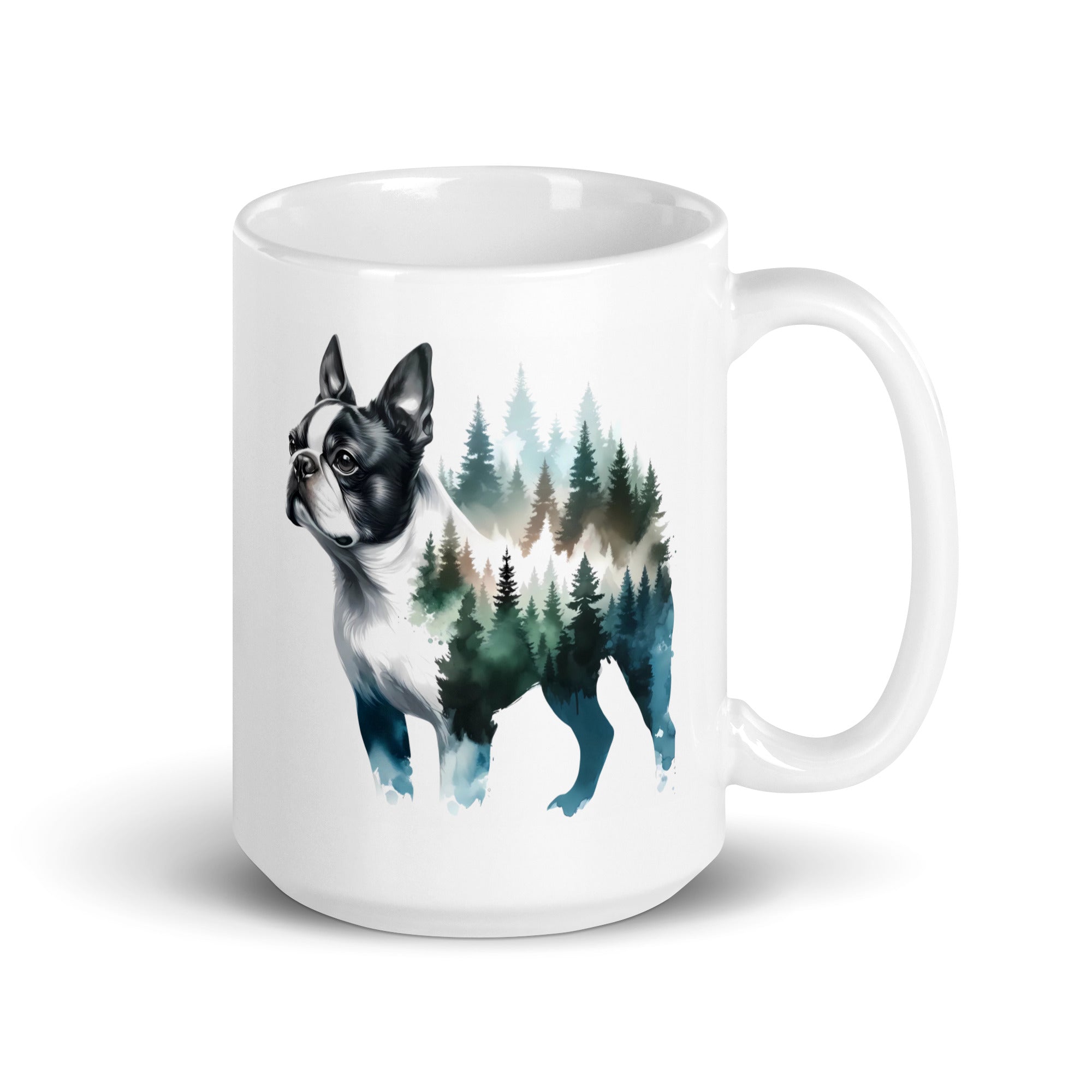 Watercolor Forest Boston Terrier Dog Portrait White Glossy Mug . 15 oz