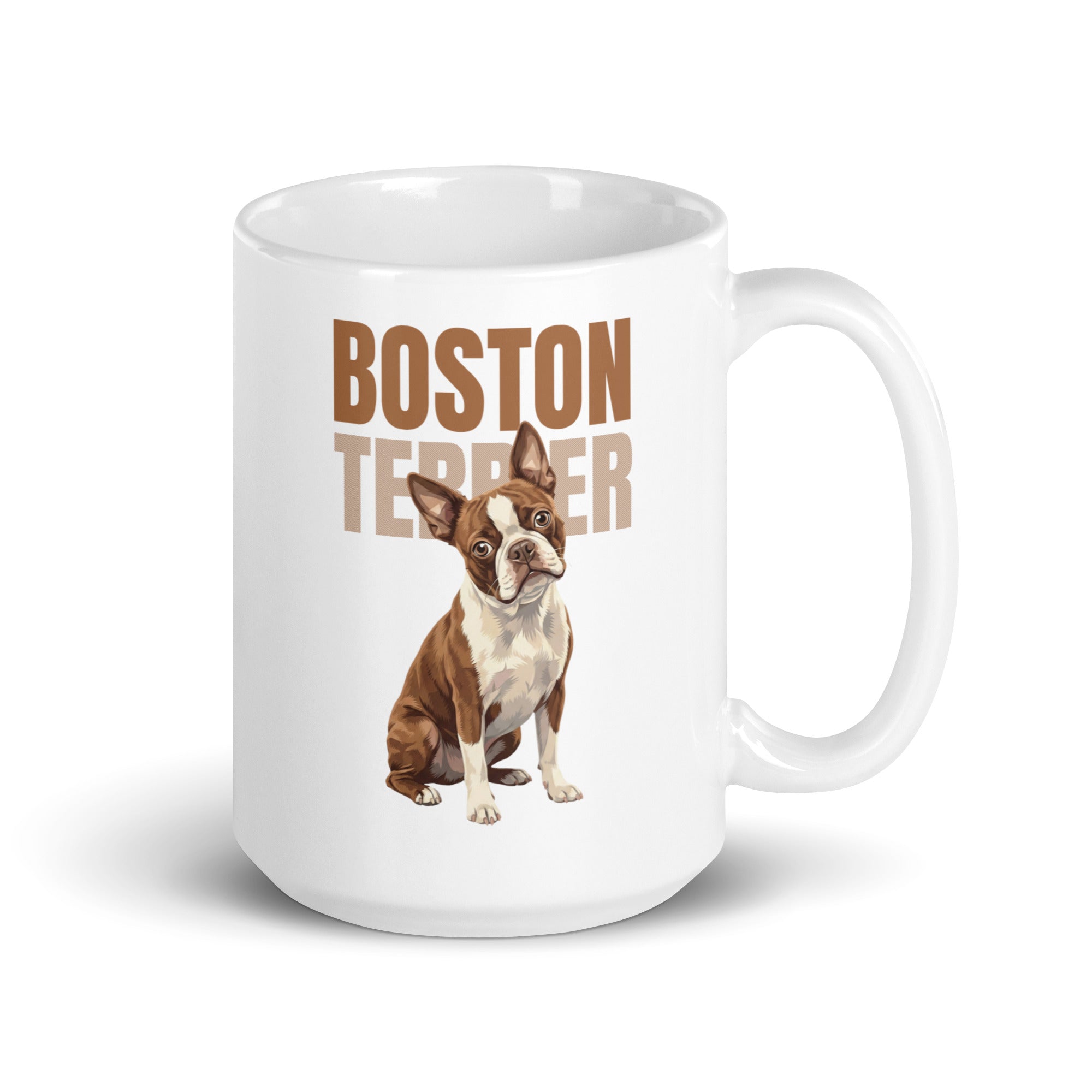 Brown Boston Terrier Dog White Glossy Mug . 15 oz