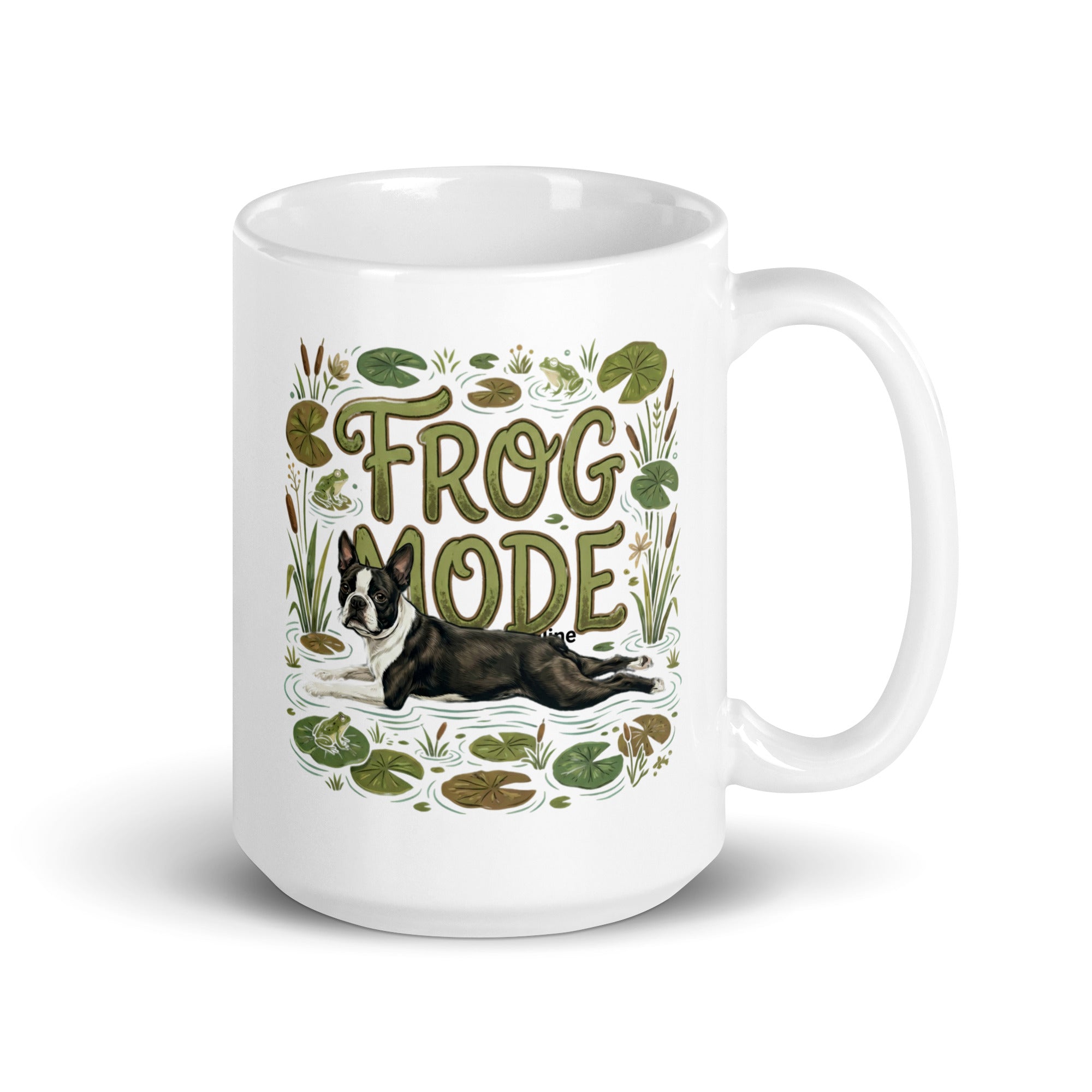 Frog Mode Boston Terrier Dog White Glossy Mug . 15 oz