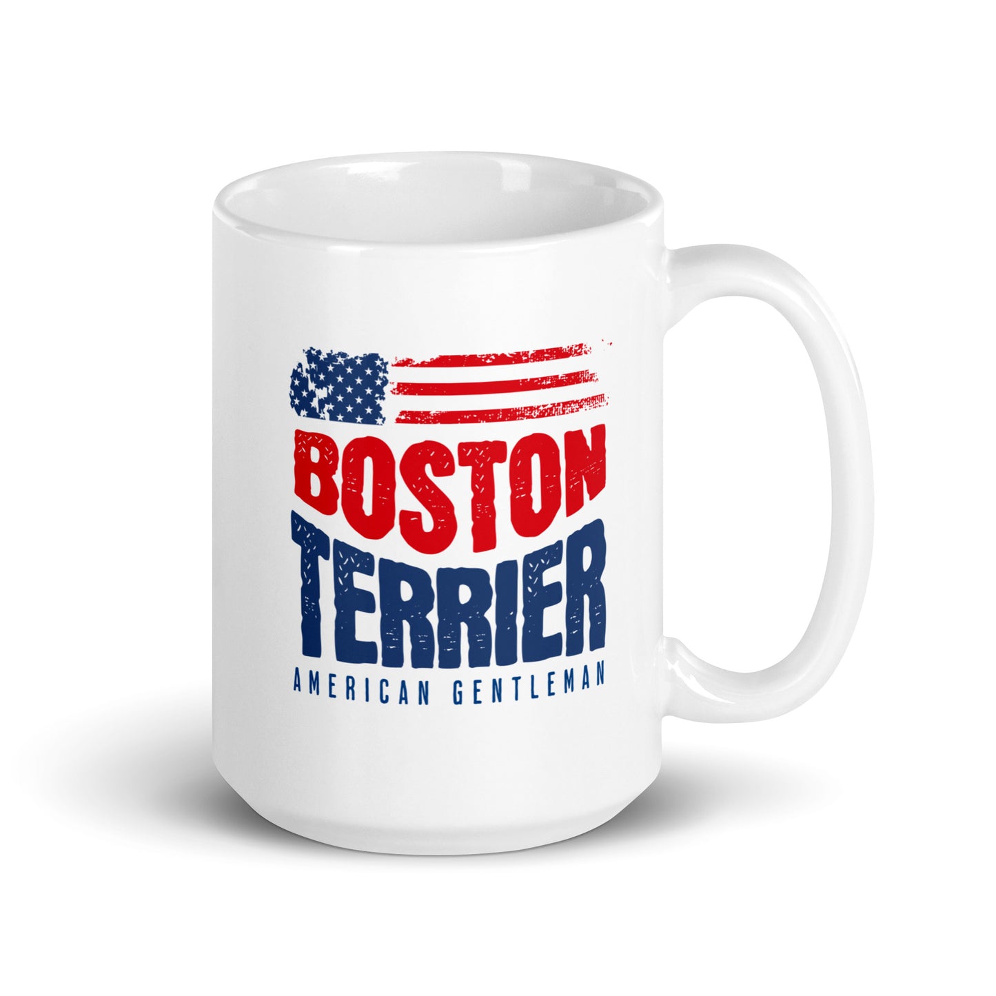 Boston Terrier American Flag White Glossy Mug – 4th of July Patriotic Dog Mug | USA 250th Birthday Mug . 15 oz