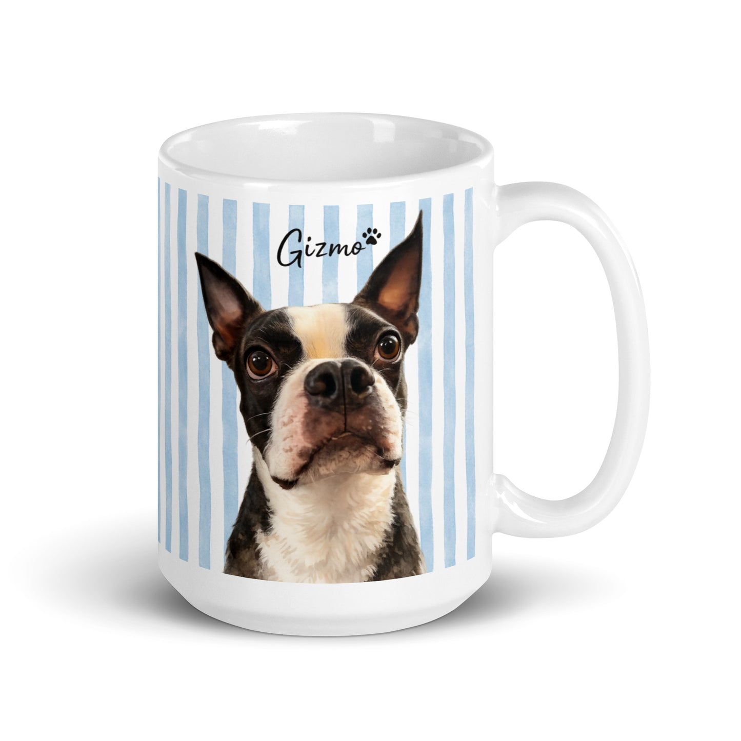 Custom Striped Dog Portrait White Glossy Mug - Watercolor Art Using Photo(s) And Name(s) . 15 oz
