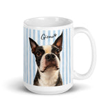 Custom Striped Dog Portrait White Glossy Mug - Watercolor Art Using Photo(s) And Name(s) . 15 oz