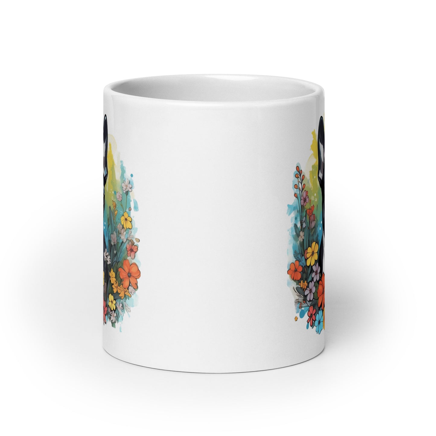 Boston Terrier Surrounded By Flowers White Glossy Mug