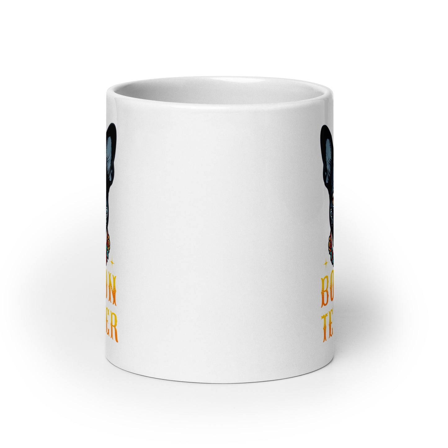 Boston Terrier Dog Sugar Skull White Glossy Mug .