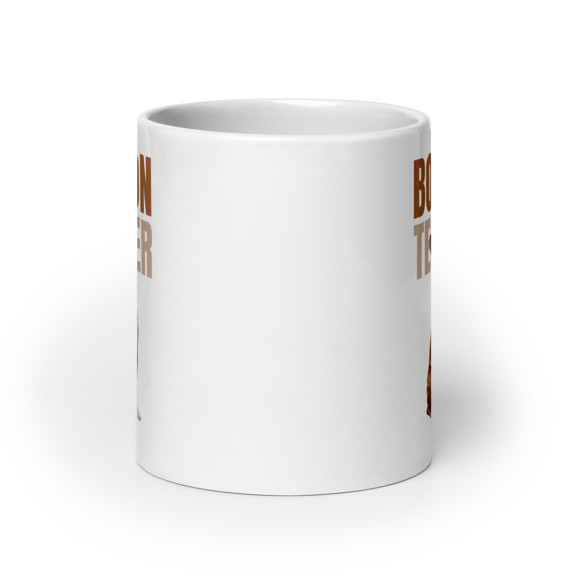 Brown Boston Terrier Dog White Glossy Mug .