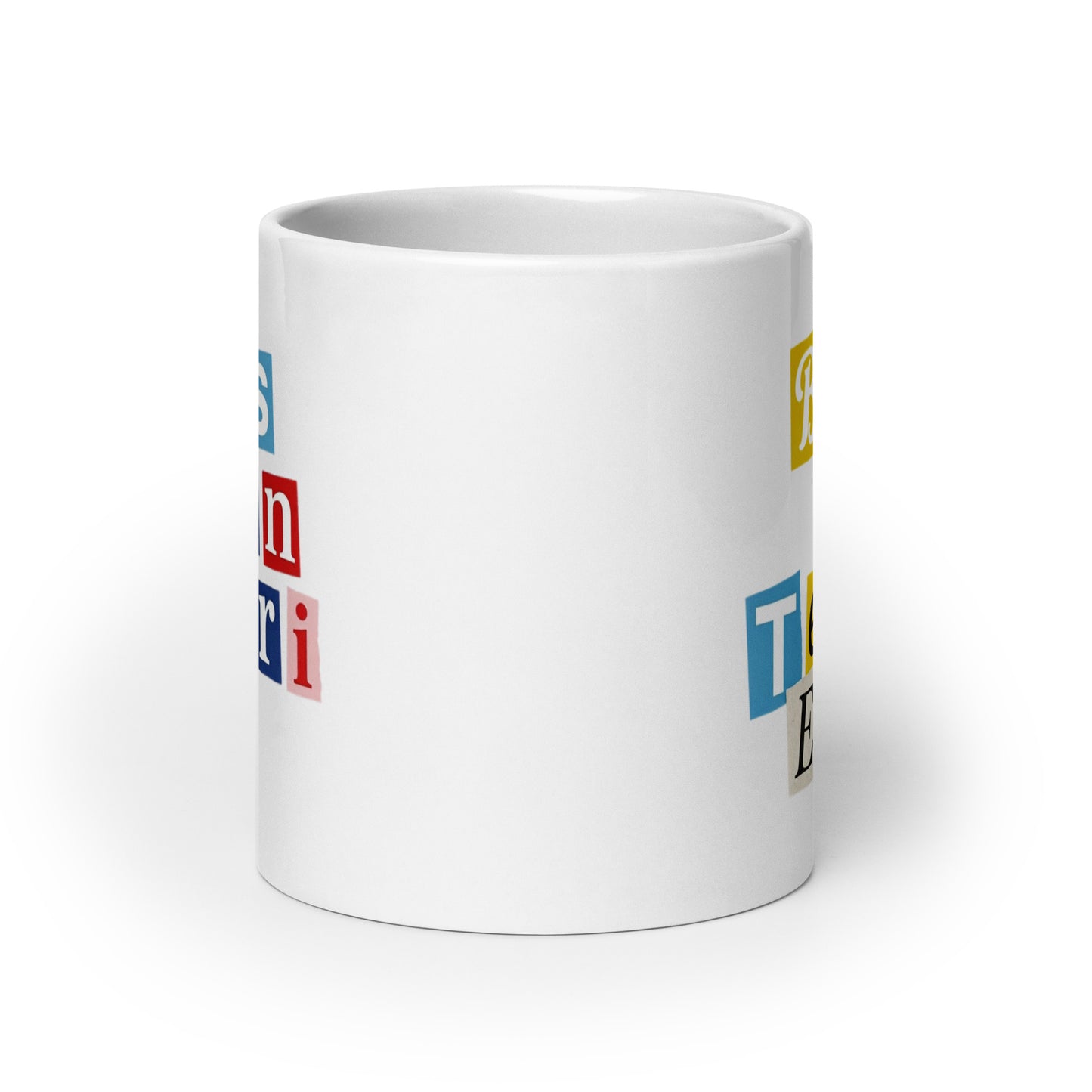 1970s British Punk Ransom Note Boston Terrier White Mug – Vintage Dada Collage Dog Lover Mug .