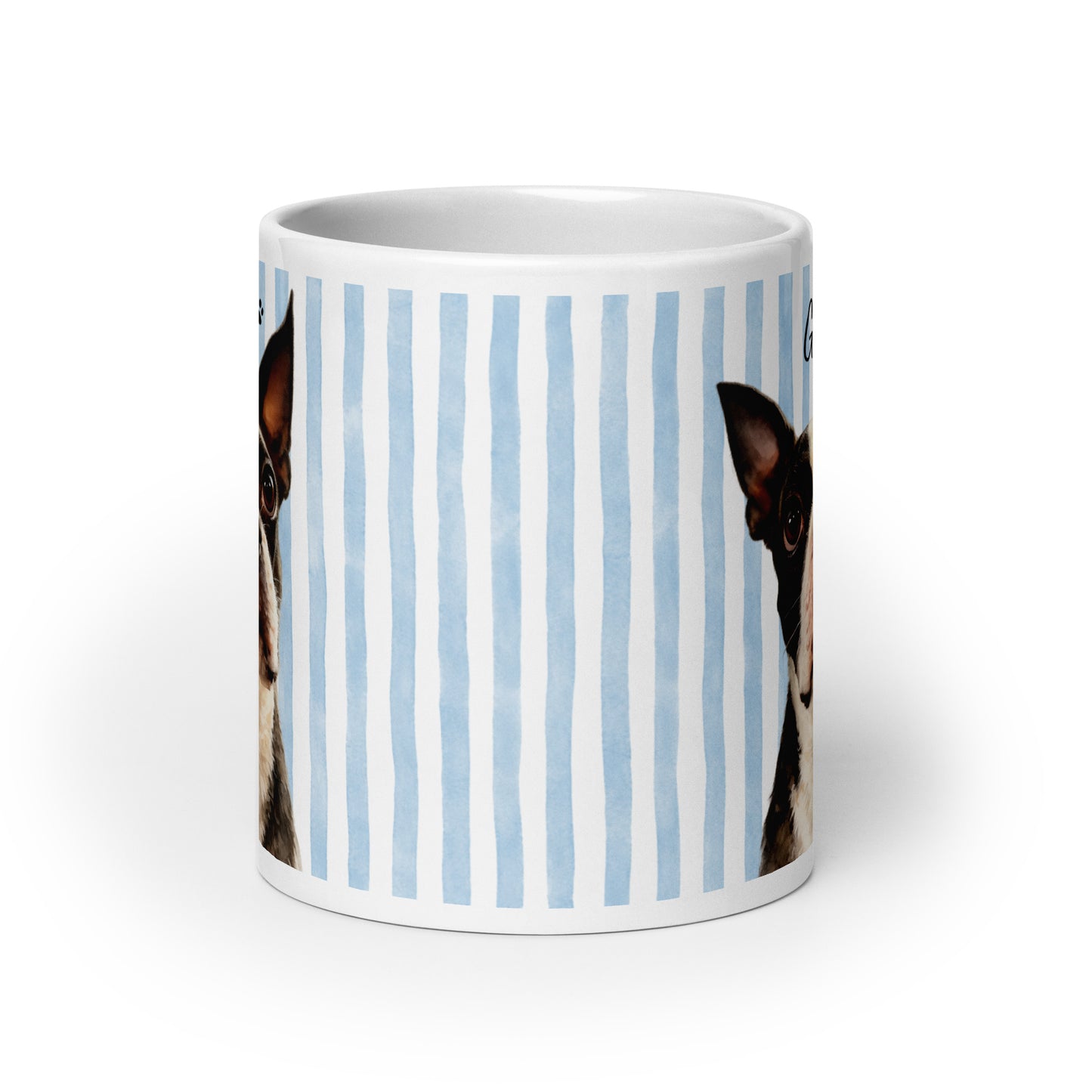 Custom Striped Dog Portrait White Glossy Mug - Watercolor Art Using Photo(s) And Name(s) .