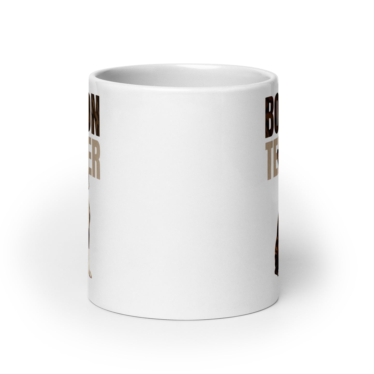 Brindle Boston Terrier Dog White Glossy Mug .