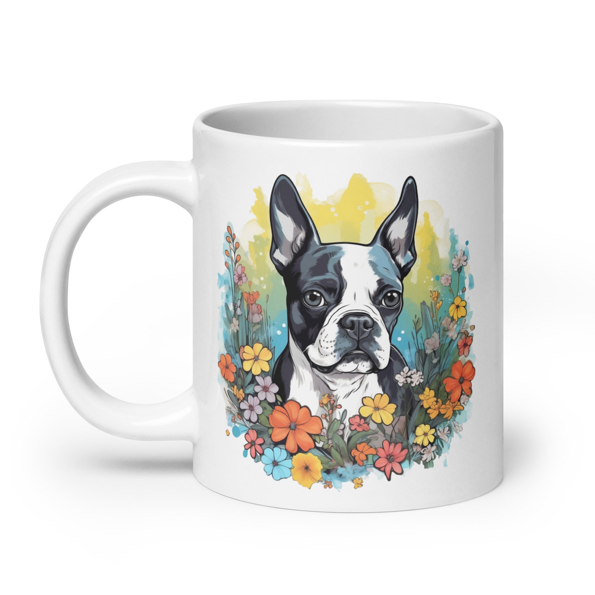 Boston Terrier Surrounded By Flowers White Glossy Mug