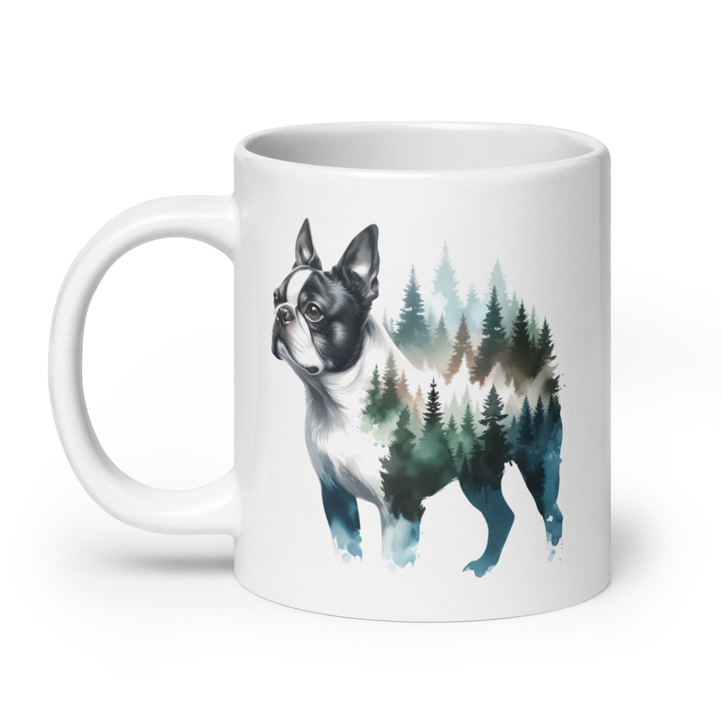 Watercolor Forest Boston Terrier Dog Portrait White Glossy Mug .