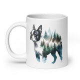 Watercolor Forest Boston Terrier Dog Portrait White Glossy Mug .