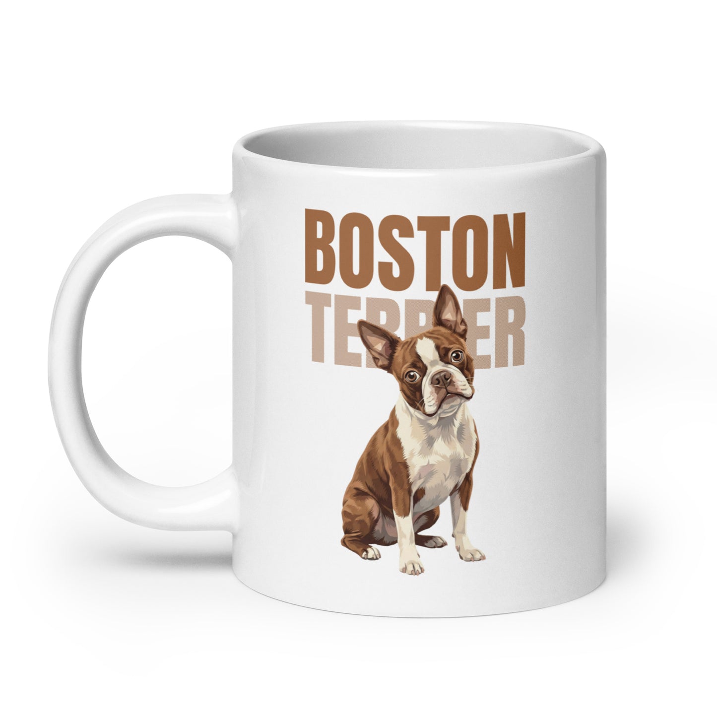 Brown Boston Terrier Dog White Glossy Mug .