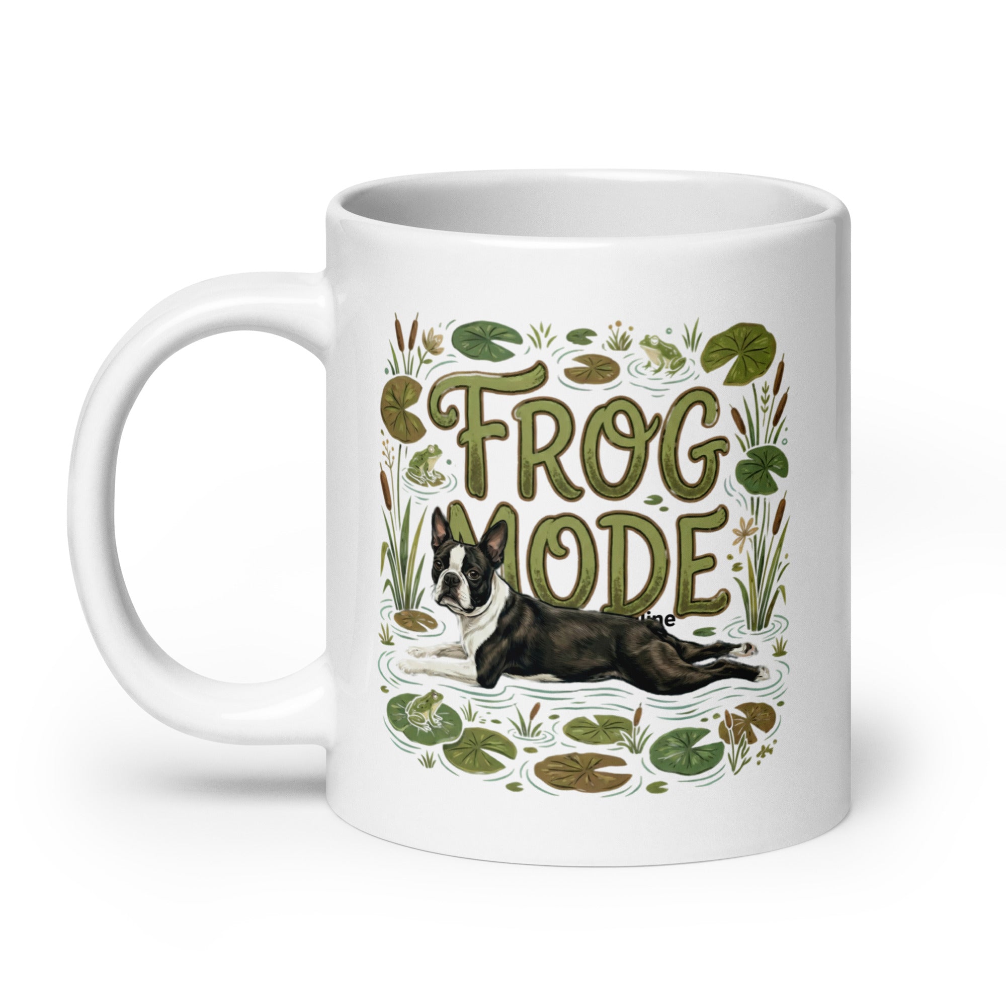 Frog Mode Boston Terrier Dog White Glossy Mug .