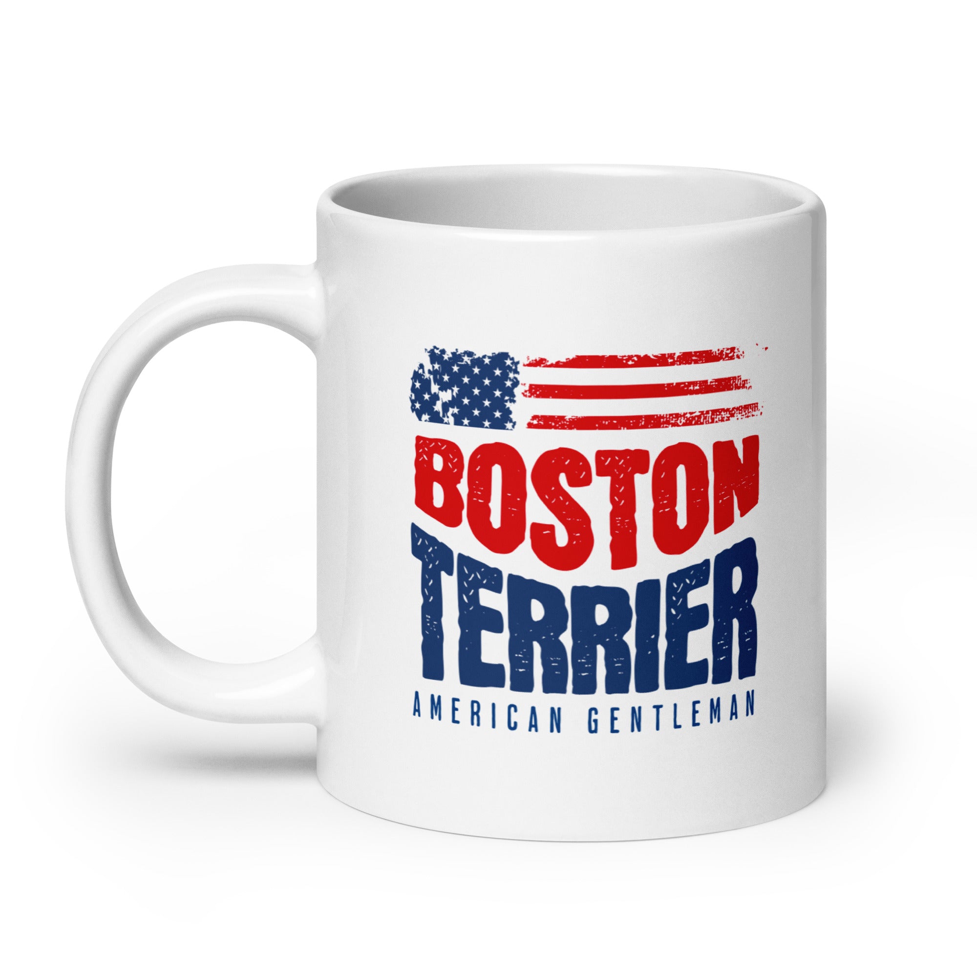 Boston Terrier American Flag White Glossy Mug – 4th of July Patriotic Dog Mug | USA 250th Birthday Mug .