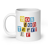 1970s British Punk Ransom Note Boston Terrier White Mug – Vintage Dada Collage Dog Lover Mug .