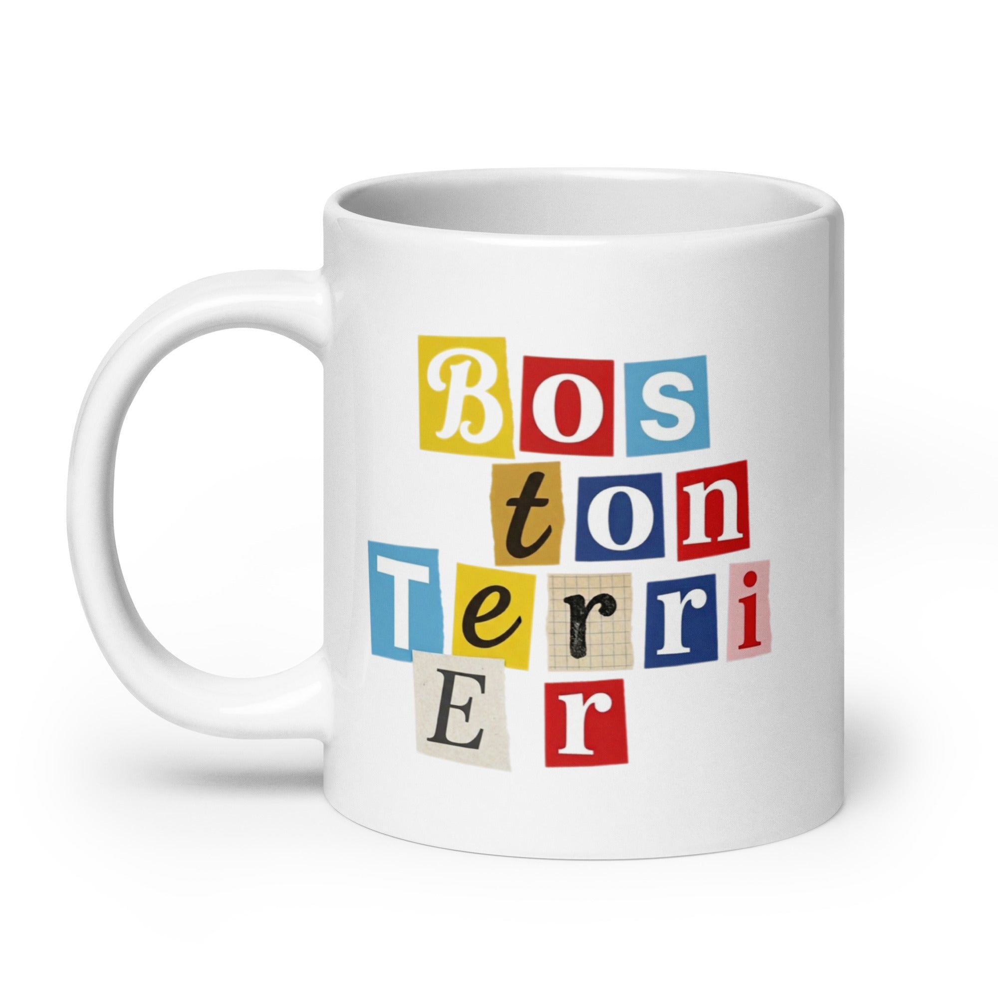 1970s British Punk Ransom Note Boston Terrier White Mug – Vintage Dada Collage Dog Lover Mug .