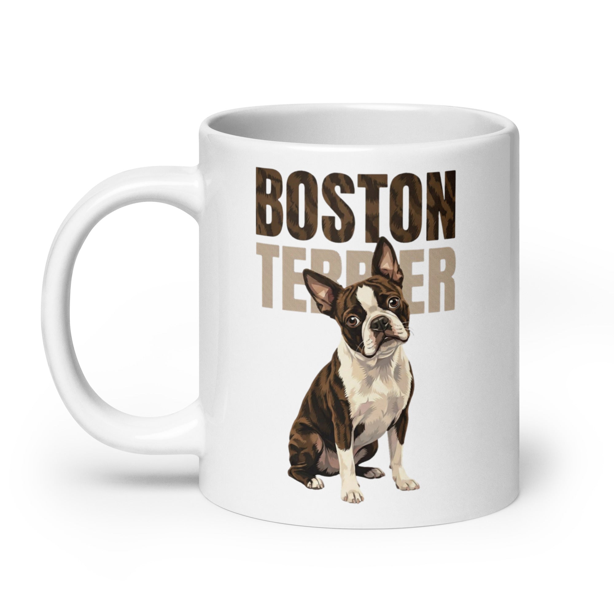 Brindle Boston Terrier Dog White Glossy Mug .