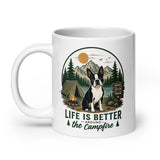 Life Is Better Around the Campfire Boston Terrier Mug, Camping Dog Lover White Glossy Mug .