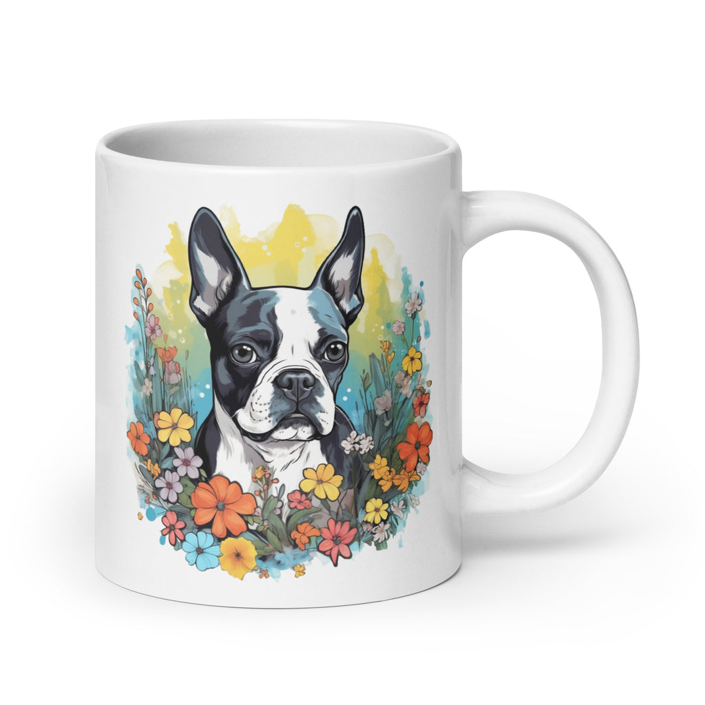 Boston Terrier Surrounded By Flowers White Glossy Mug