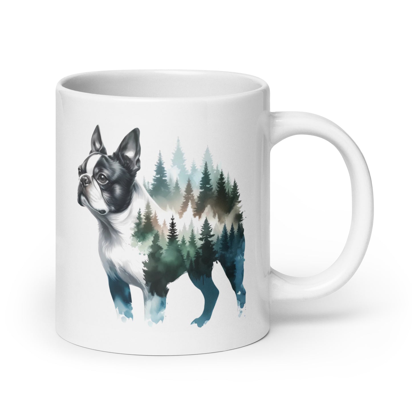 Watercolor Forest Boston Terrier Dog Portrait White Glossy Mug . 20 oz