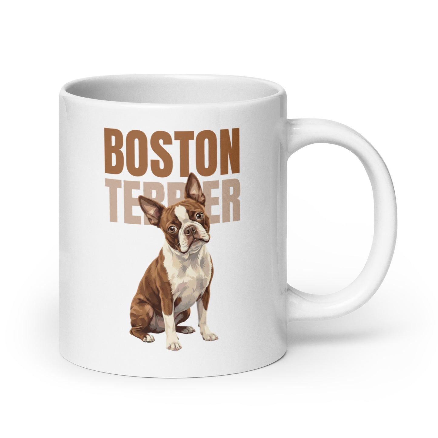 Brown Boston Terrier Dog White Glossy Mug . 20 oz
