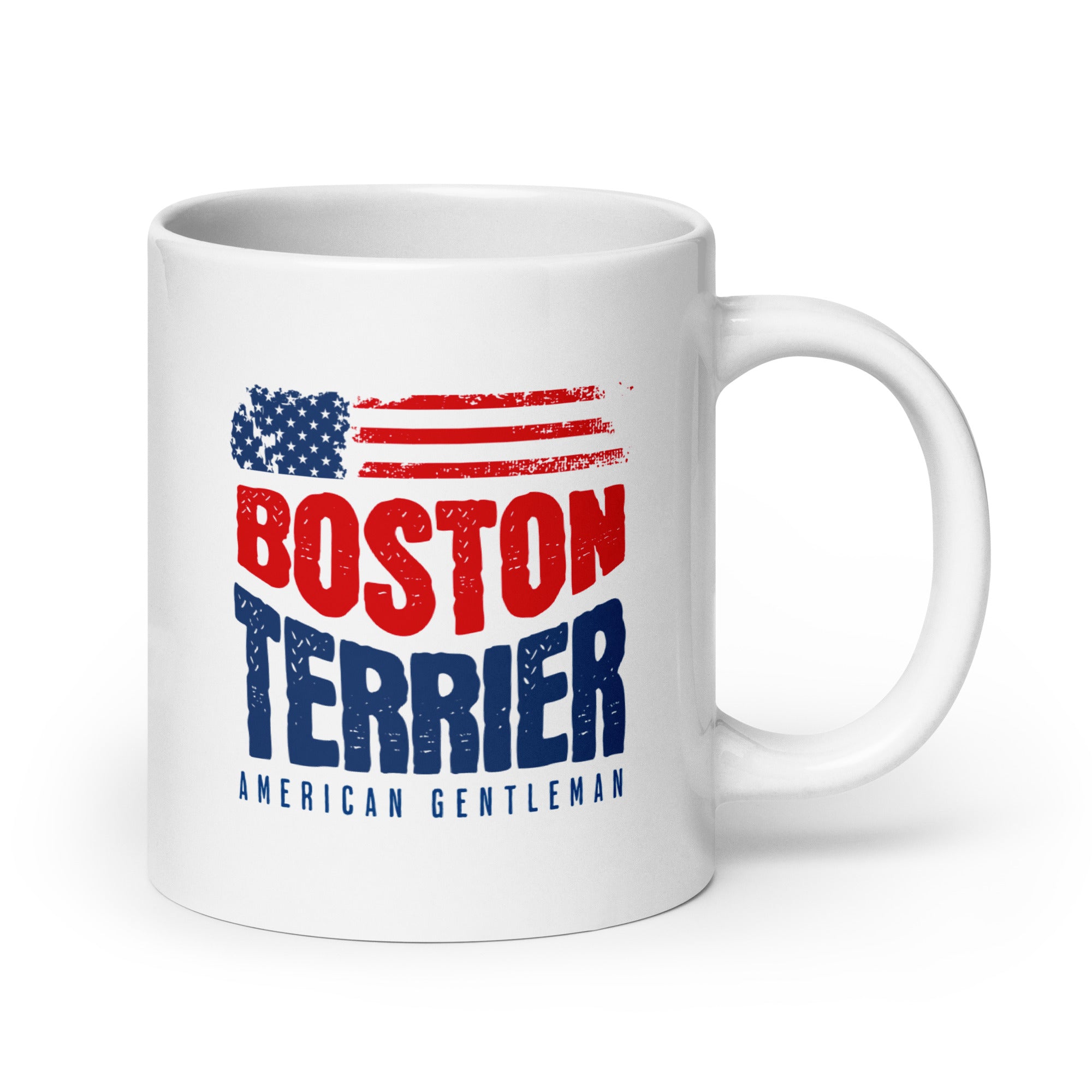 Boston Terrier American Flag White Glossy Mug – 4th of July Patriotic Dog Mug | USA 250th Birthday Mug . 20 oz