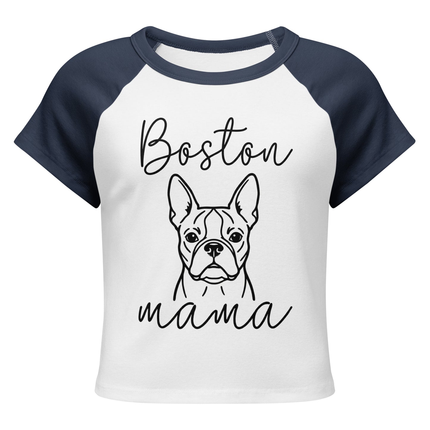 Boston Mama Mode Women’s Micro Rib Raglan Baby Tee . White Navy