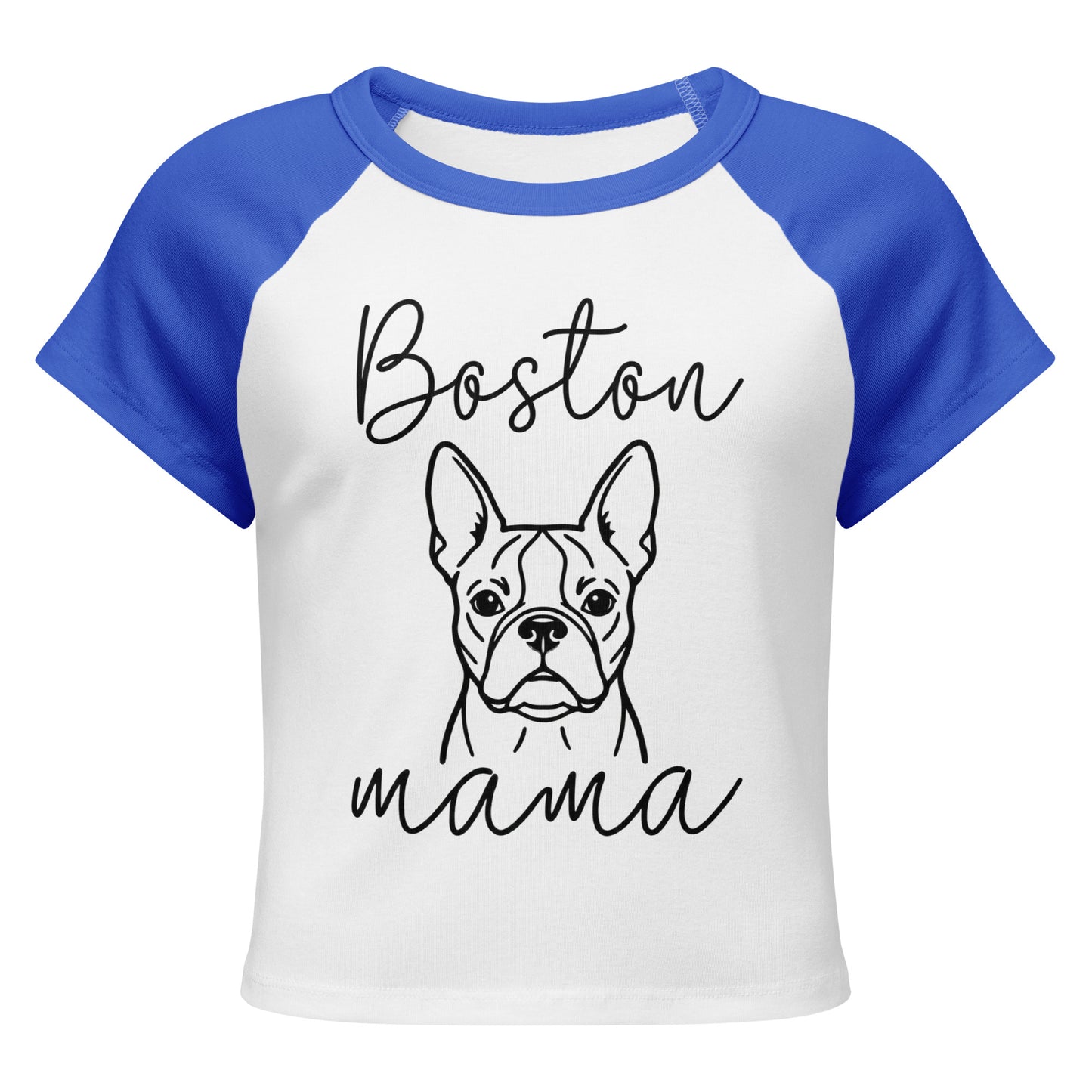 Boston Mama Mode Women’s Micro Rib Raglan Baby Tee . White True Royal