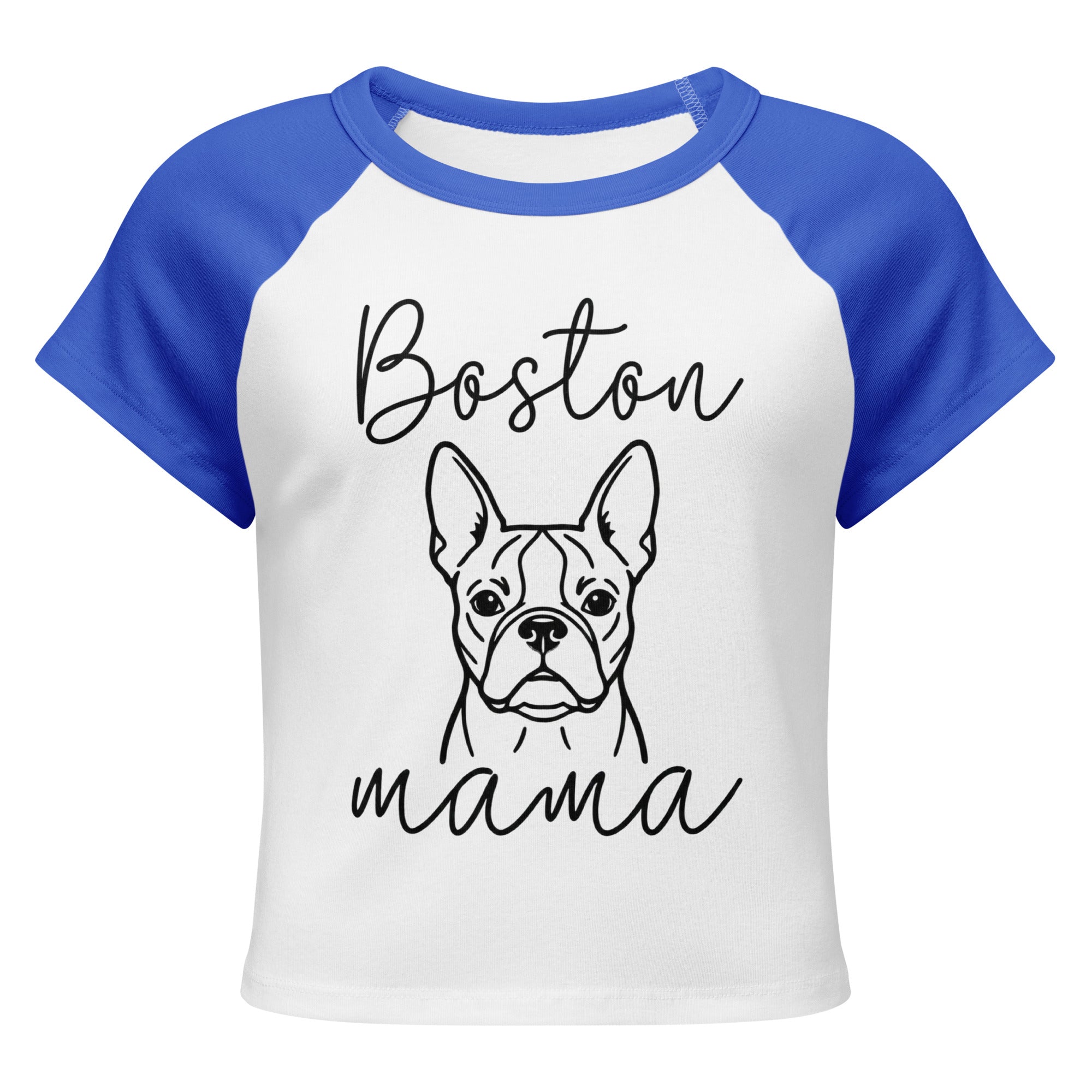 Boston Mama Mode Women’s Micro Rib Raglan Baby Tee . White True Royal