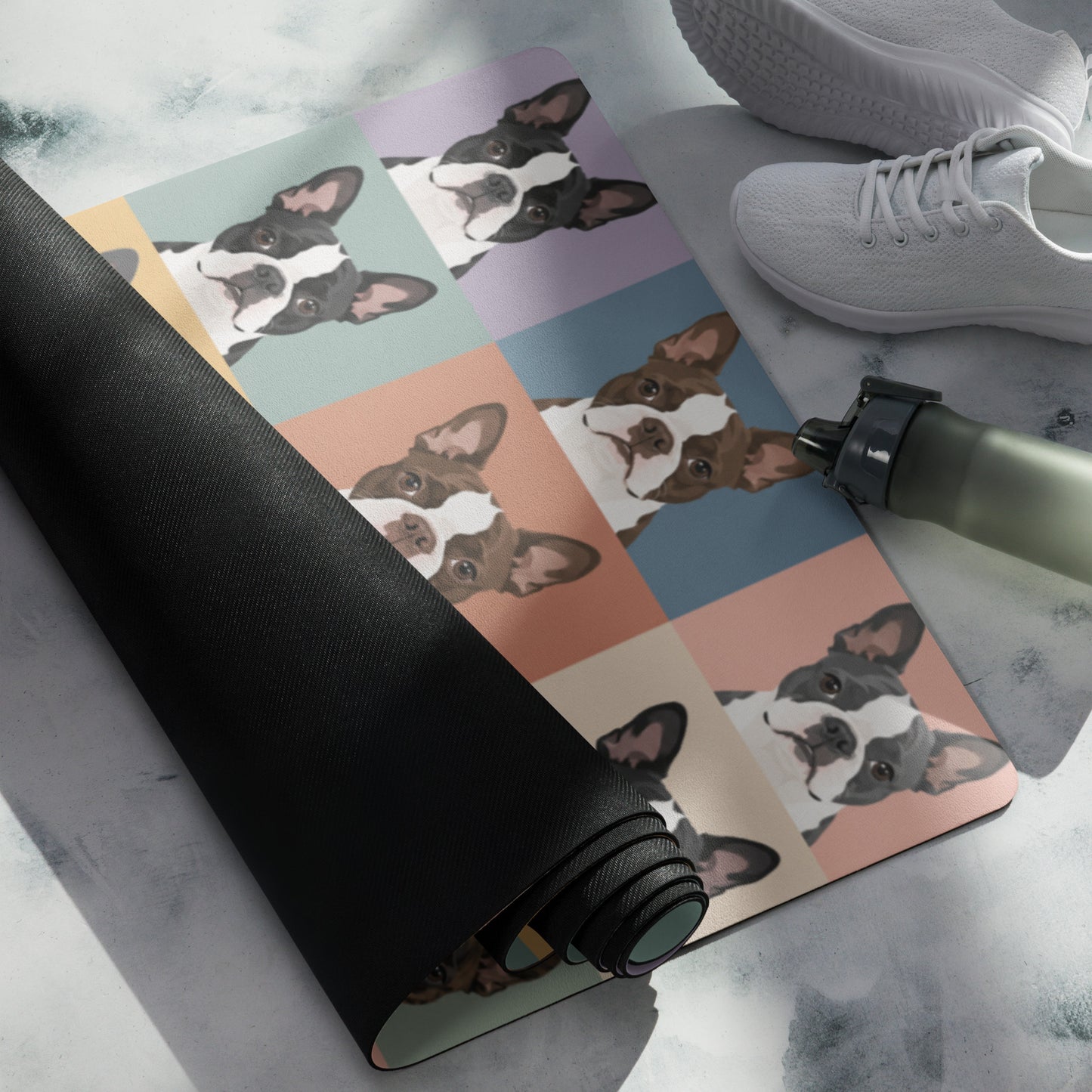 Pop Art Style Colored Boston Terriers Modern Tiles Pattern Yoga Mat .