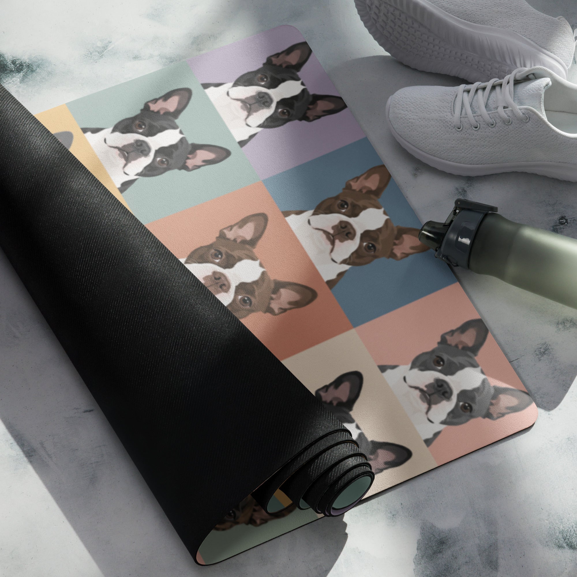 Pop Art Style Colored Boston Terriers Modern Tiles Pattern Yoga Mat .