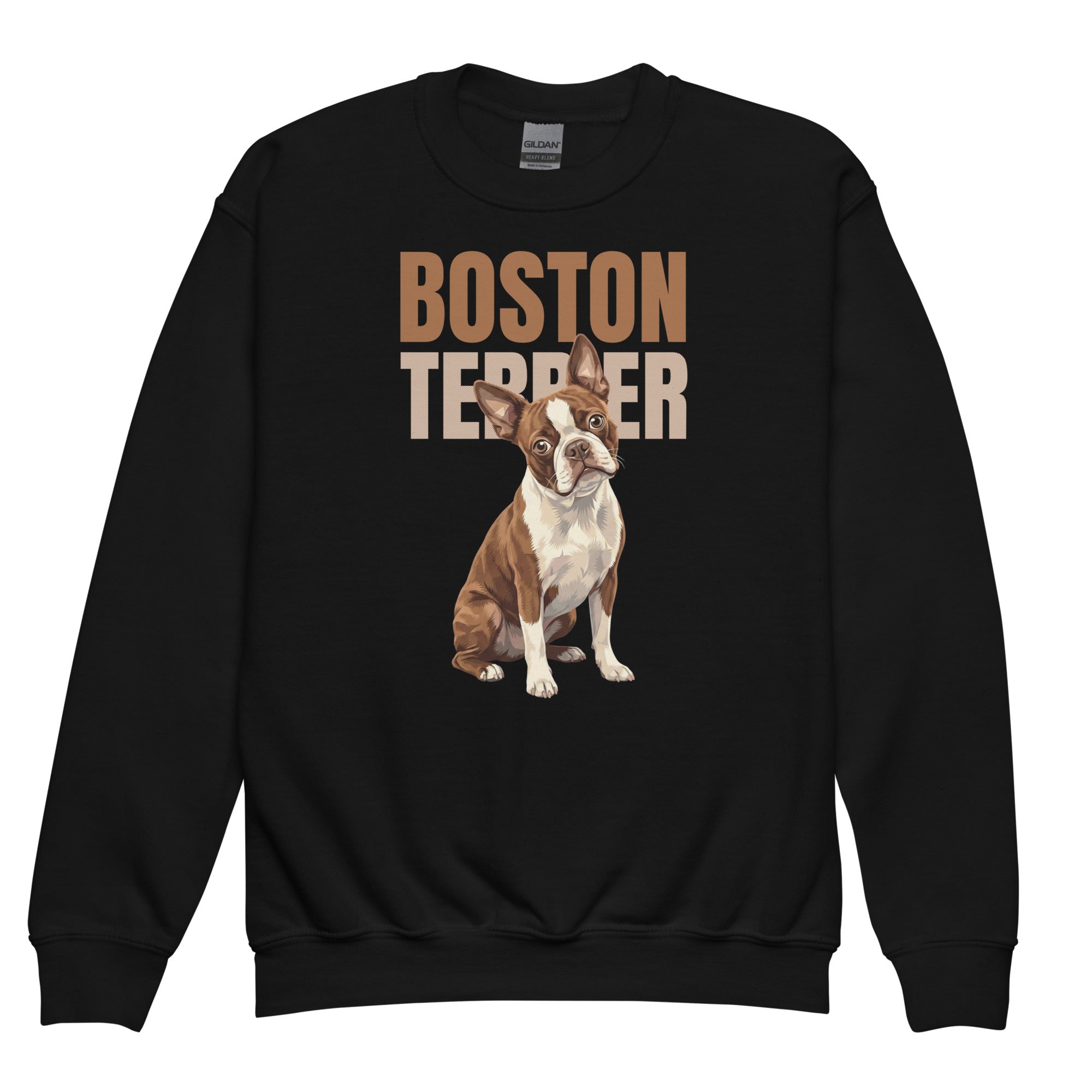 Brown Boston Terrier Dog Youth Crewneck Sweatshirt . Black