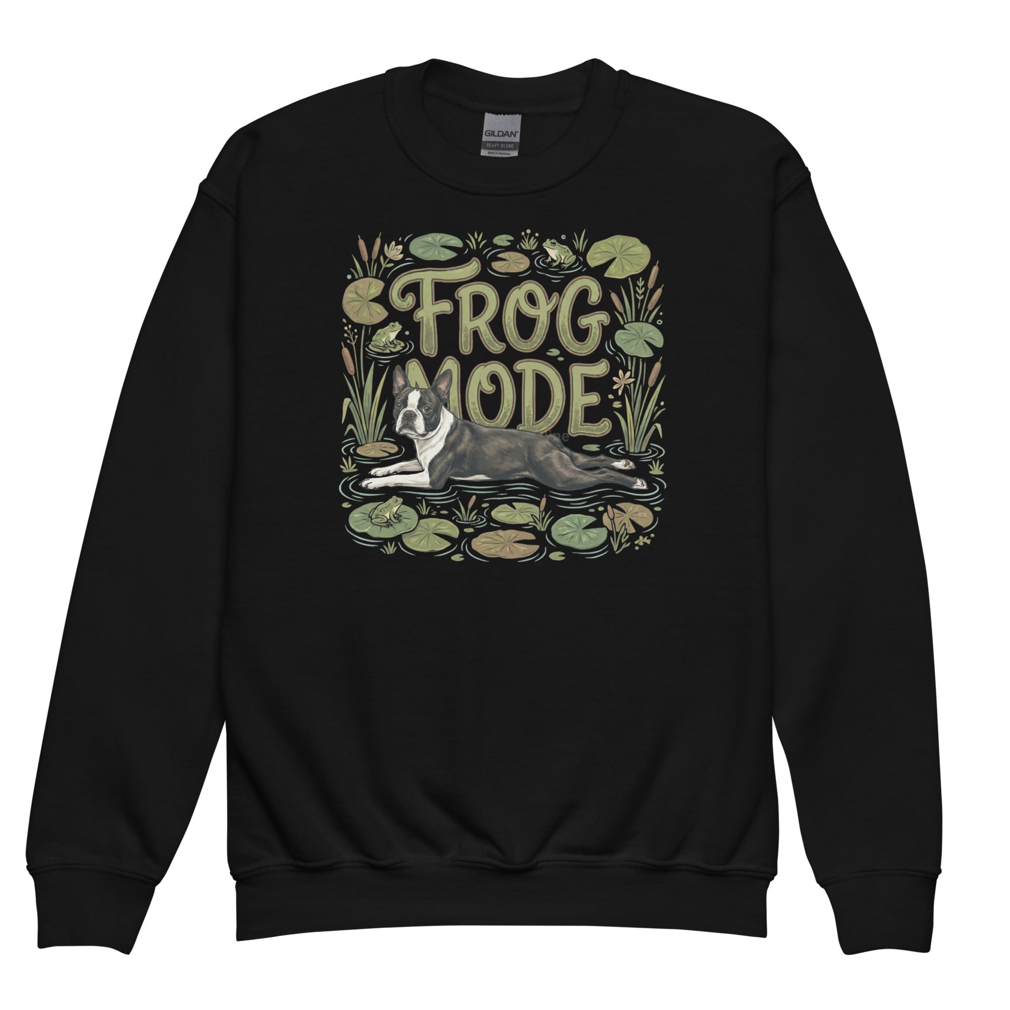 Frog Mode Boston Terrier Dog Frog Legs Youth Crewneck Sweatshirt . Black