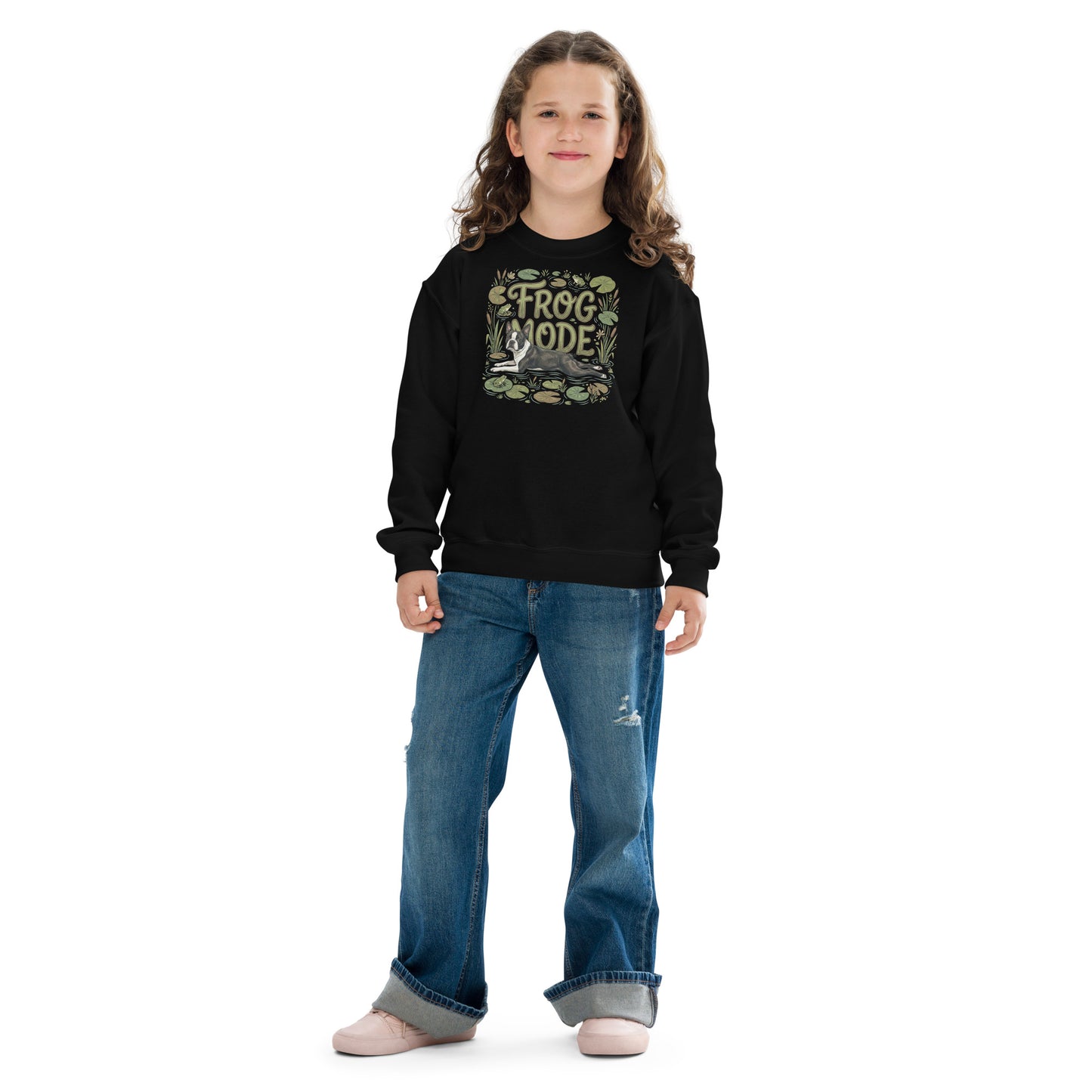 Frog Mode Boston Terrier Dog Frog Legs Youth Crewneck Sweatshirt .