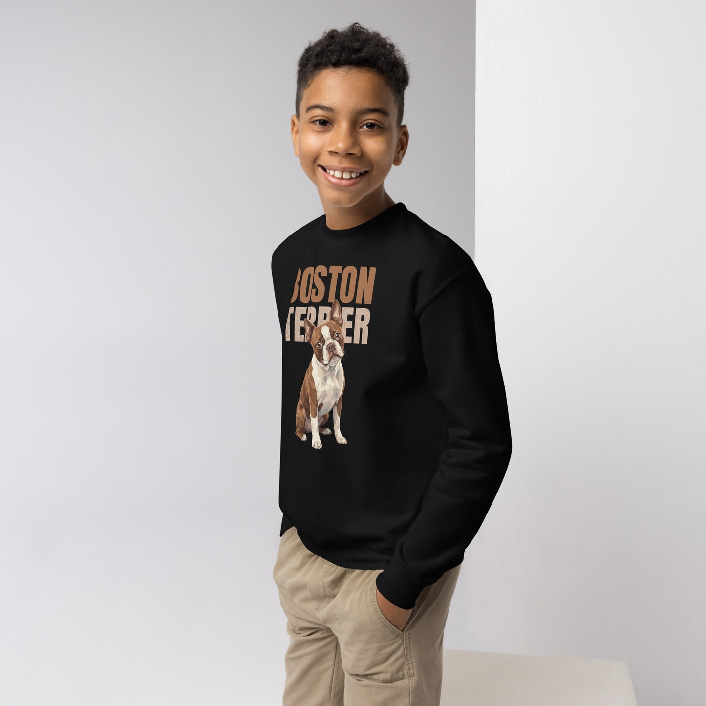 Brown Boston Terrier Dog Youth Crewneck Sweatshirt .