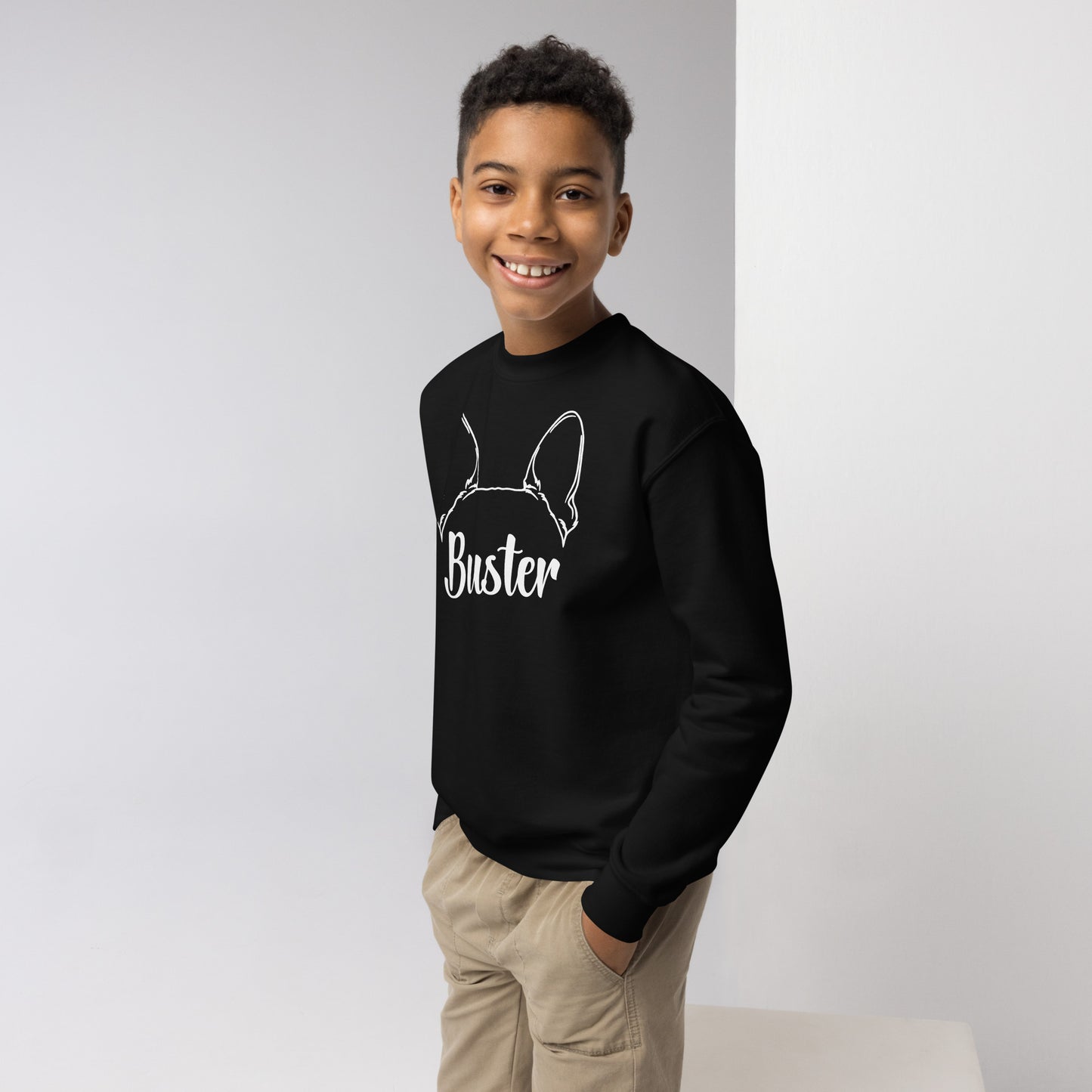 Big Ears With Boston Terrier Name - Personalized Youth Crewneck Sweatshirt .