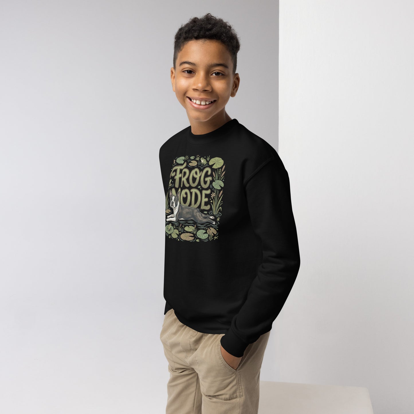 Frog Mode Boston Terrier Dog Frog Legs Youth Crewneck Sweatshirt .