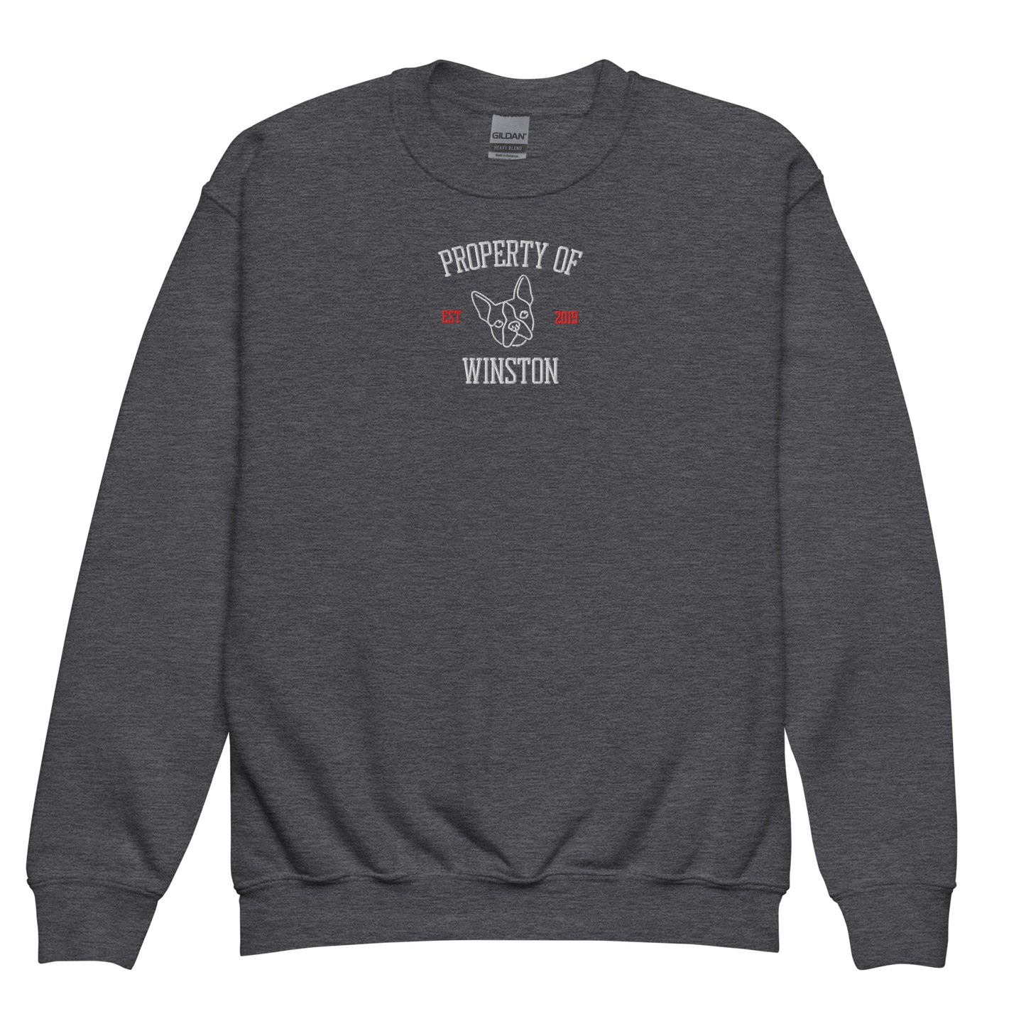 Property Of My Dog Custom Embroidered Youth Crewneck Sweatshirt . Dark Heather