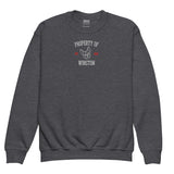 Property Of My Dog Custom Embroidered Youth Crewneck Sweatshirt . Dark Heather
