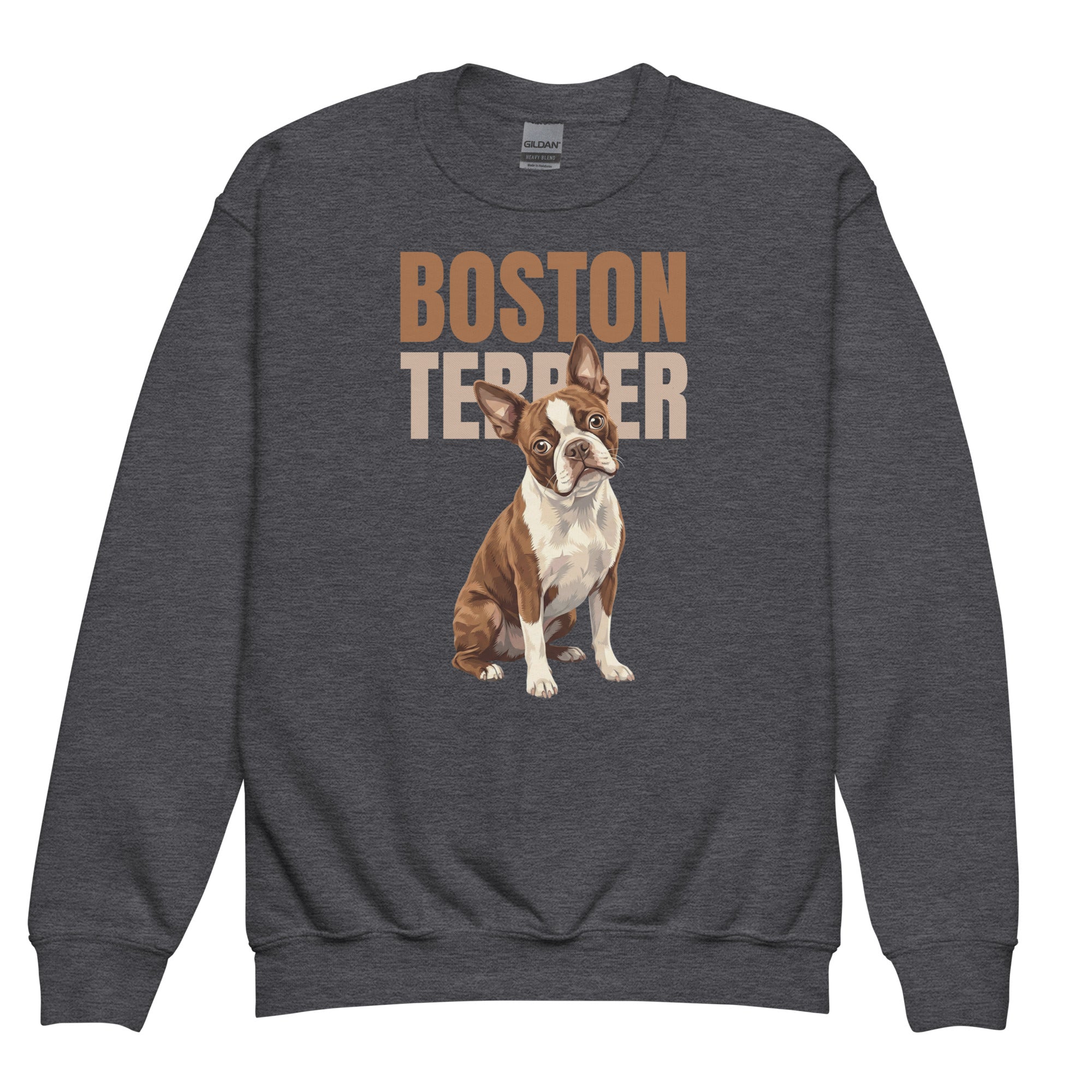 Brown Boston Terrier Dog Youth Crewneck Sweatshirt . Dark Heather