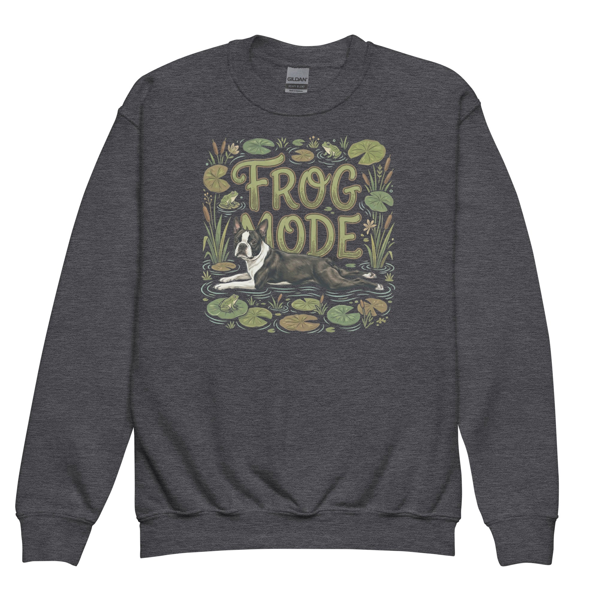 Frog Mode Boston Terrier Dog Frog Legs Youth Crewneck Sweatshirt . Dark Heather