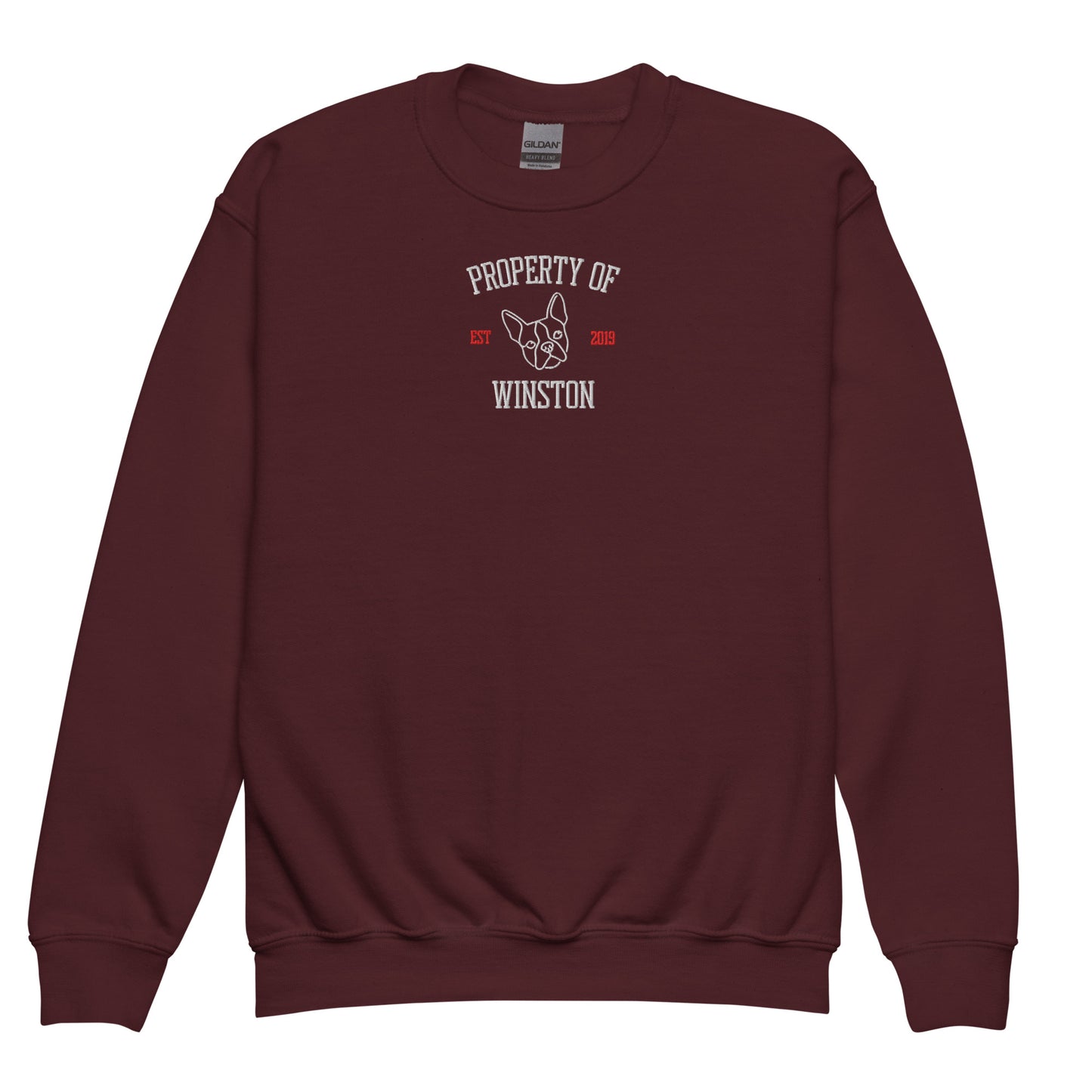 Property Of My Dog Custom Embroidered Youth Crewneck Sweatshirt . Maroon